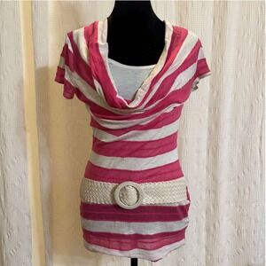 Vintage Deb Tunic Top Pink White Striped Cowl Neck Belted Y2K McBling Size M